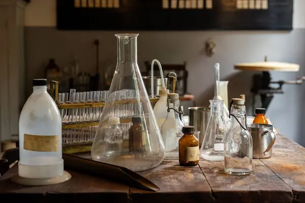 Frascos e vidraria de laboratório em uma bancada antiga